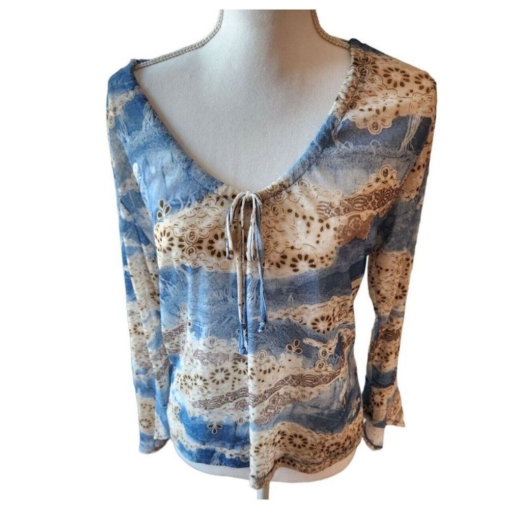 Vintage 90s Zoey Beth Peasant Boho Blue Brown Long Sleeve Blouse L